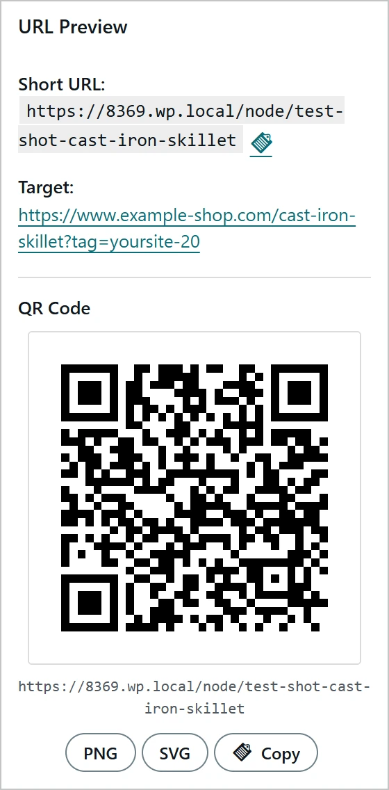 Node's URL Preview: the short URL on the test site, its target address, and a QR code with PNG, SVG and Copy buttons.